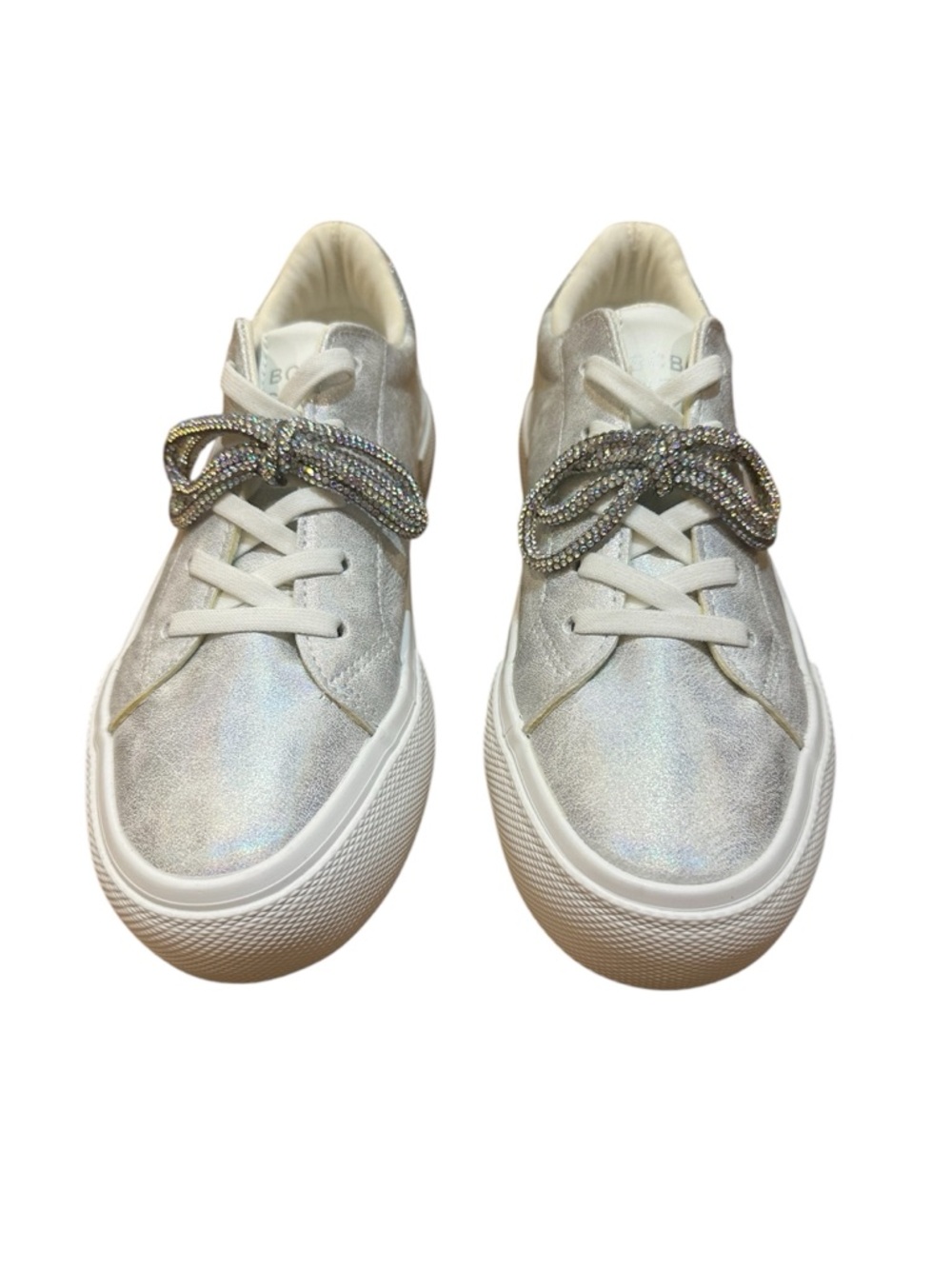 BCBG Girls Silver Metallic Crystal Bow Platform Sneakers Size 3 New